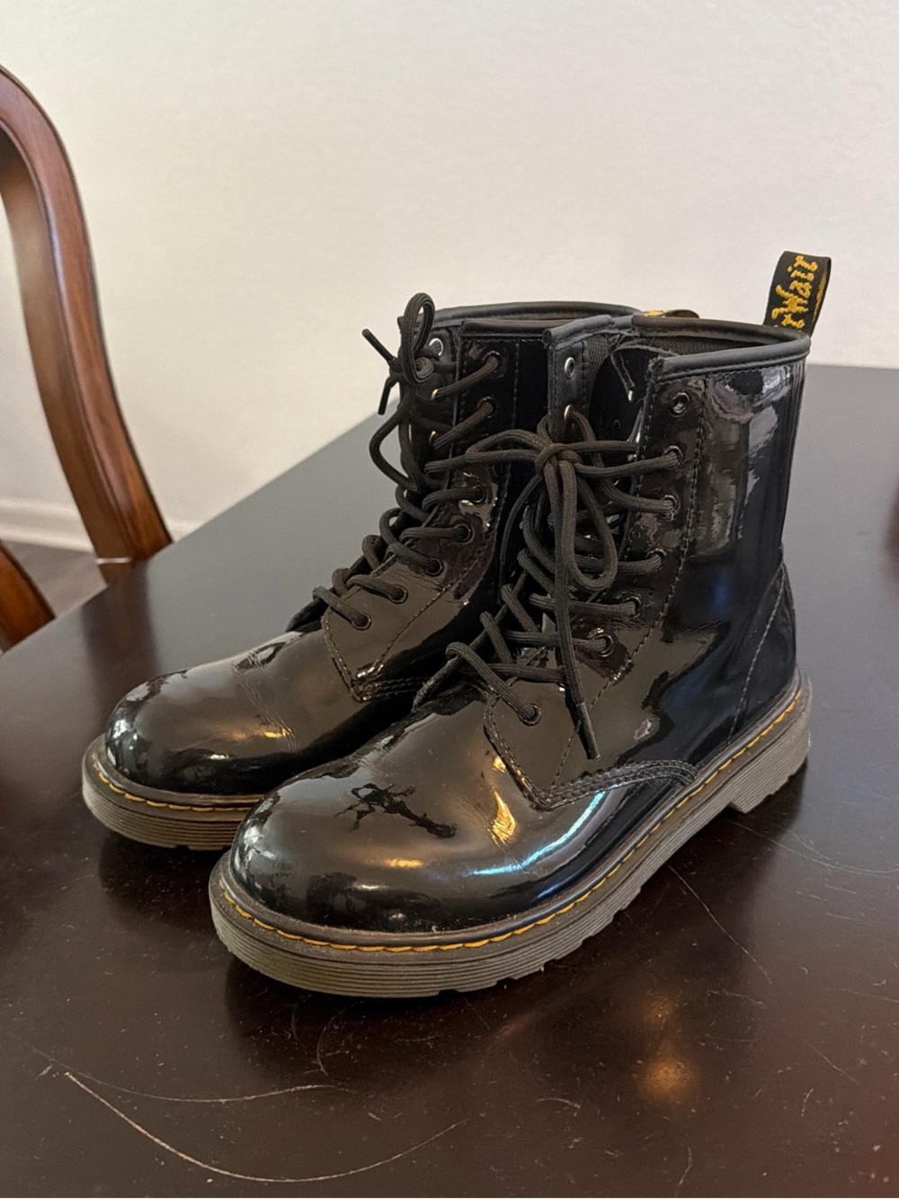 Dr. Martens Black Patent Lace-Up Combat Boots with Yellow Stitching